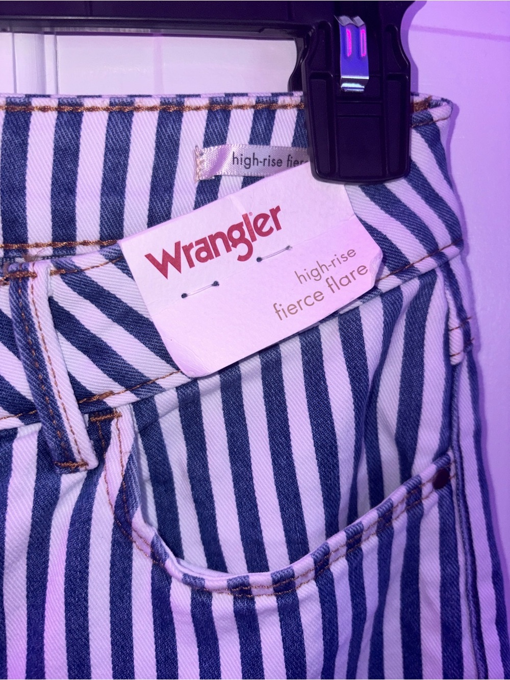Wrangler Navy and White Vertical Stripe High-Rise Bell Bottom Jeans - Picture 3 of 6